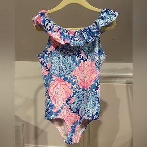 Size 5 girls Lilly Pulitzer one piece shell/fish/coral pattern swimsuit